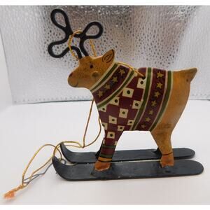 Christmas Ornament Metal Painted Reindeer In Sweater On Skis